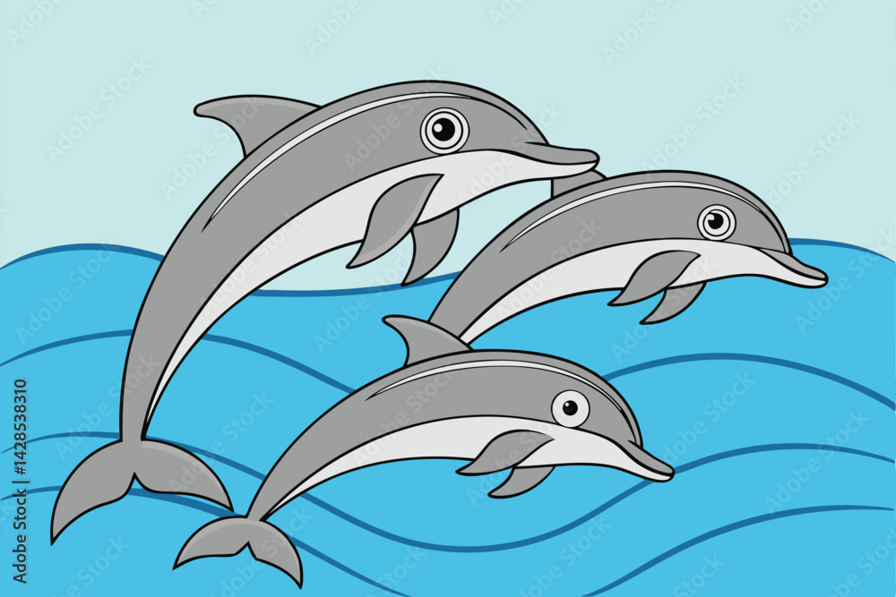 Naklejka premium Cartoon Dolphins in Ocean Playful Marine Wildlife Illustration