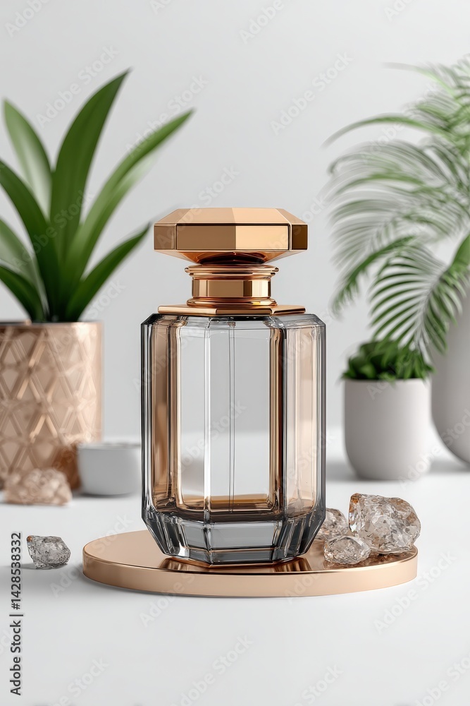 Elegant Perfume Bottle on Display with Fresh Greenery and Stones