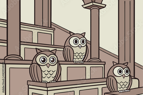 Cartoon Owls in Formal Setting Stylized Courtroom Illustration