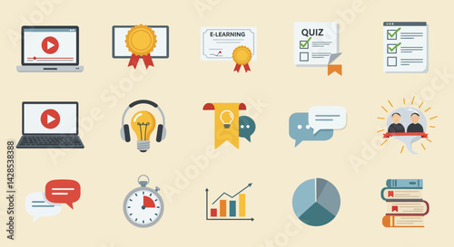 Online education and e-learning concept icons with video, quiz, certificates, chat, and study materials vector illustration 