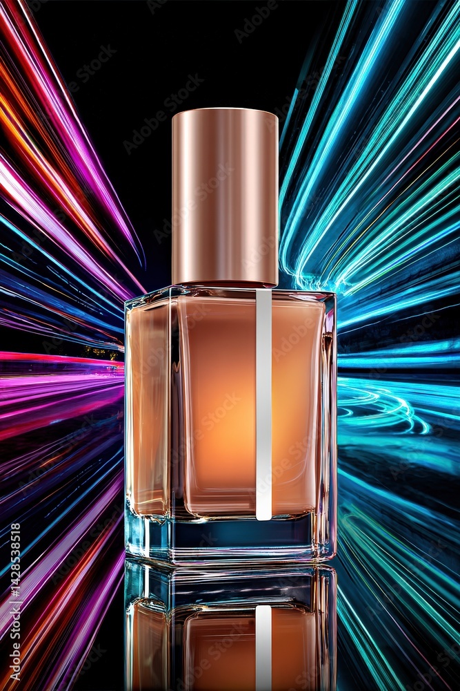 Elegant Perfume Bottle with Vibrant Colorful Light Effects