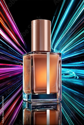 Obraz na płótnie Elegant Perfume Bottle with Vibrant Colorful Light Effects w salonie
