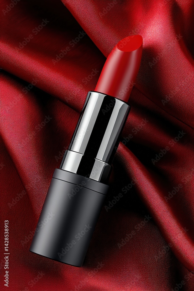 Elegant Red Lipstick on Silk Fabric with Glamorous Texture