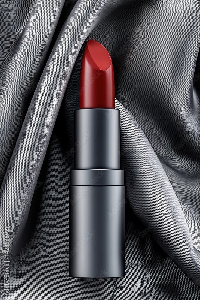 Elegant Red Lipstick on Satin Gray Fabric Surface for Beauty Concept