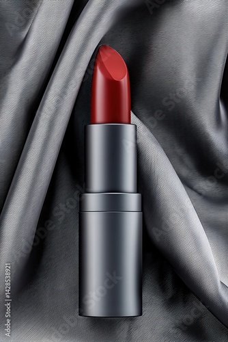 Obraz na płótnie Elegant Red Lipstick on Satin Gray Fabric Surface for Beauty Concept w salonie