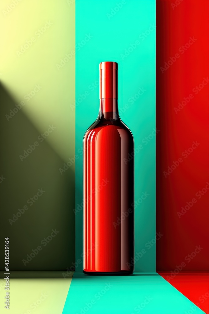 Elegant Red Wine Bottle Against Colorful Geometric Background