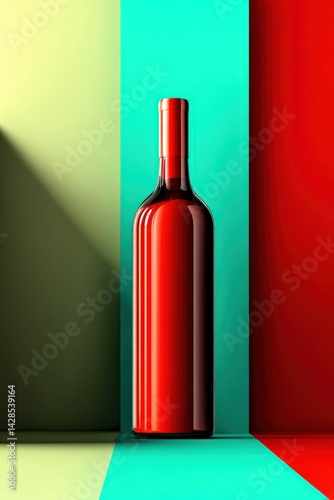 Obraz na płótnie Elegant Red Wine Bottle Against Colorful Geometric Background w salonie