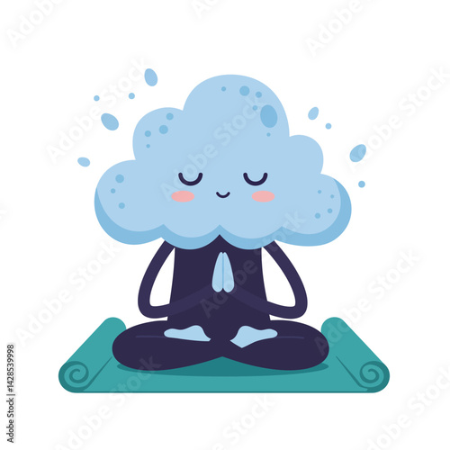 Cloud character meditating in lotus pose on yoga mat with calm expression vector illustration 
