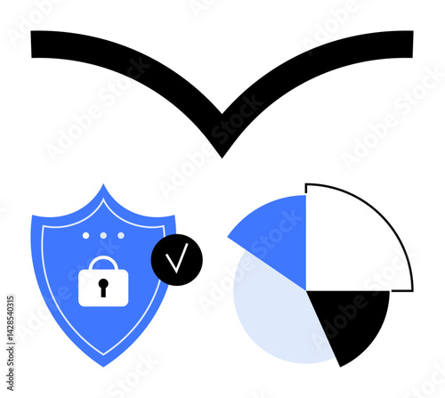 Shield with lock and checkmark symbolizing security, pie chart for data analytics. Ideal for data privacy, cybersecurity, analysis, protection, business reports, compliance, flat simple metaphor