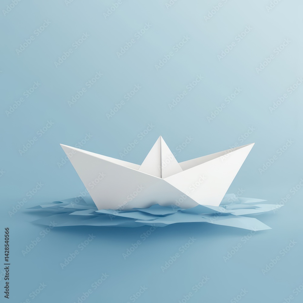 Delicate paper boat floating serenely on a gentle sea of soft blue waves in a calm artistic setting Generative AI Delicate paper boat floating serenely on a gentle sea of soft blue waves in a calm artistic setting Generative AI