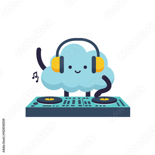 Cute cloud character DJ mixing music on turntable with headphones vector illustration 