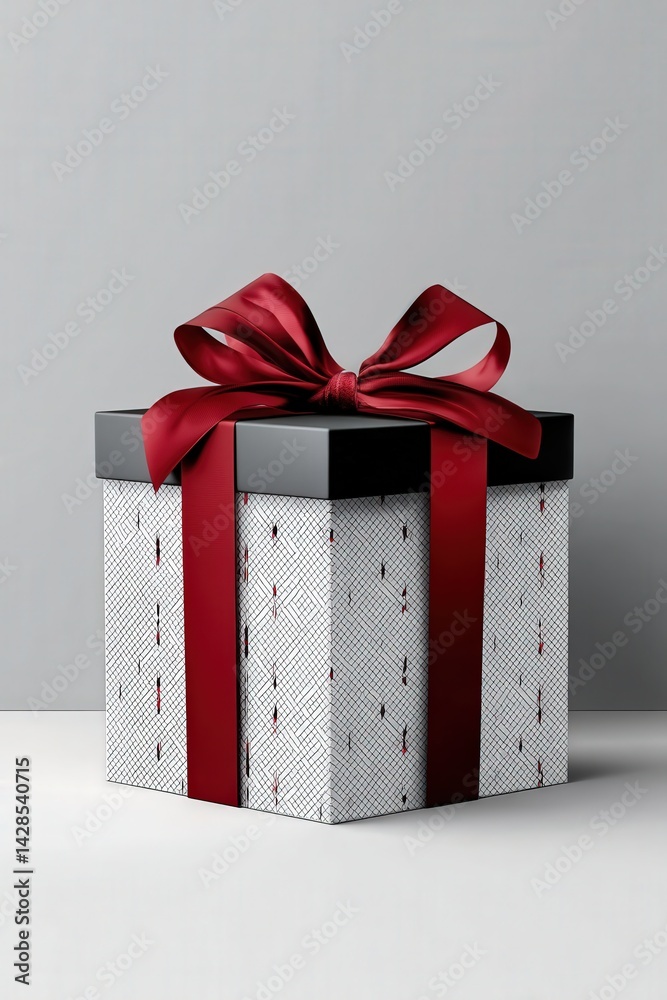 Elegantly Wrapped Gift Box with Red Ribbon on Minimalist Background