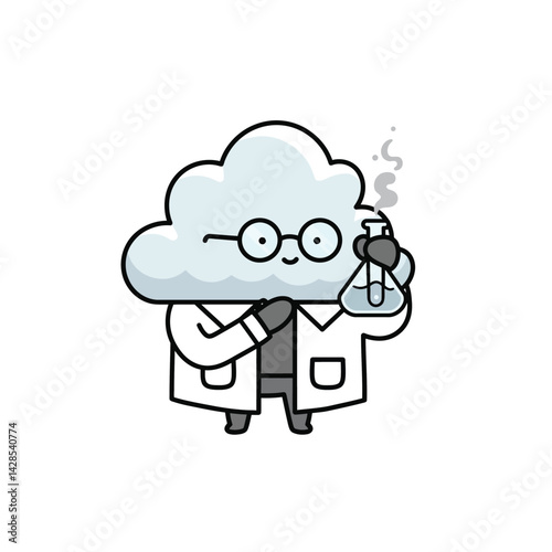 Cloud character scientist holding flask conducting experiment in lab coat vector illustration 