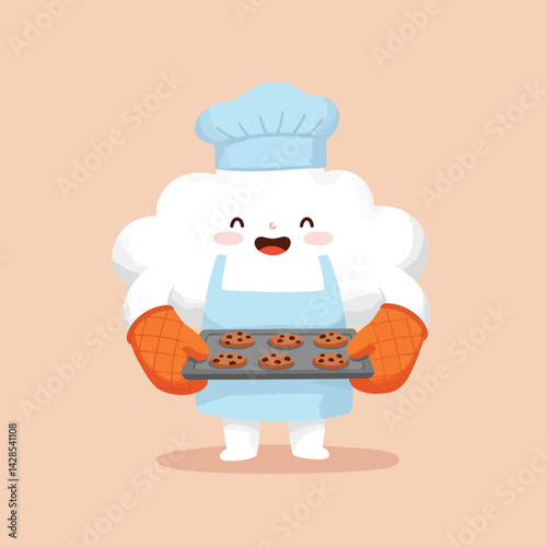 Cloud chef character baking chocolate chip cookies in oven mitts and apron cooking concept vector illustration 