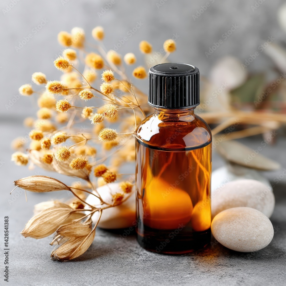 Essential Oil in Amber Bottle Surrounded by Natural Elements
