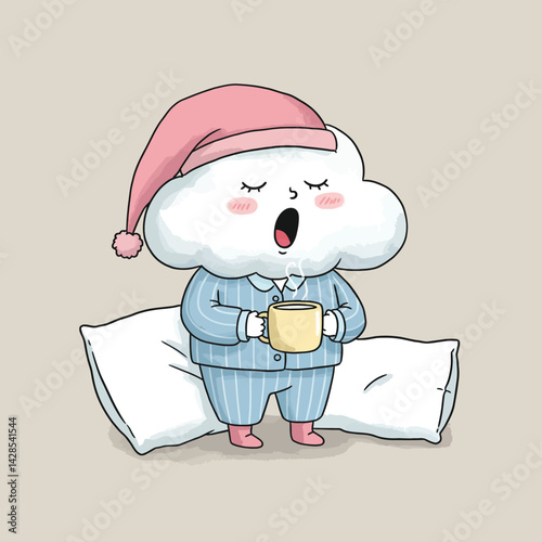 Sleepy cloud character in pink nightcap and blue striped pajamas holding a cup and standing on pillow vector illustration 