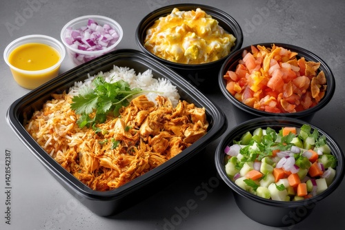 Flavorful Chicken Rice Bowl with Colorful Sides and Sauces