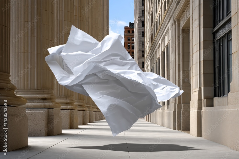 Float of Crumpled White Fabric in Urban Architectural Space