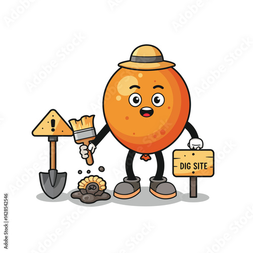 Orange character holding brush and dig site sign with excavation tools vector illustration 