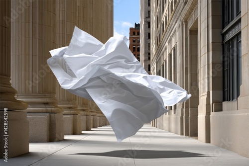 Obraz na płótnie Float of Crumpled White Fabric in Urban Architectural Space w salonie