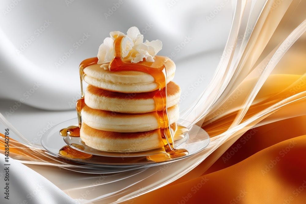 Fluffy Pancakes with Maple Syrup and White Blossom Garnish