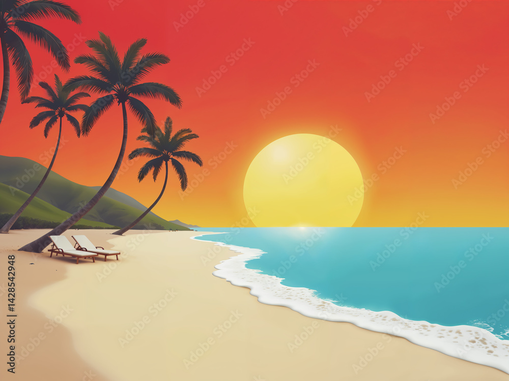 Obraz premium tropical beach with palm tree illustration