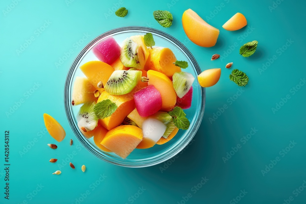Fresh and Colorful Fruit Salad in Clear Bowl on Blue Background