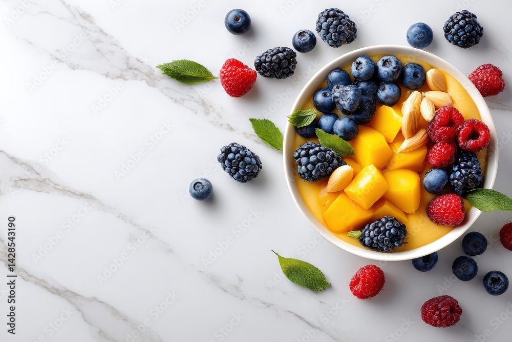 Fresh and Colorful Fruit Salad with Berries and Mango on Table