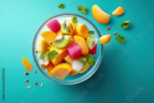 Obraz na płótnie Fresh and Colorful Fruit Salad in Clear Bowl on Blue Background w salonie