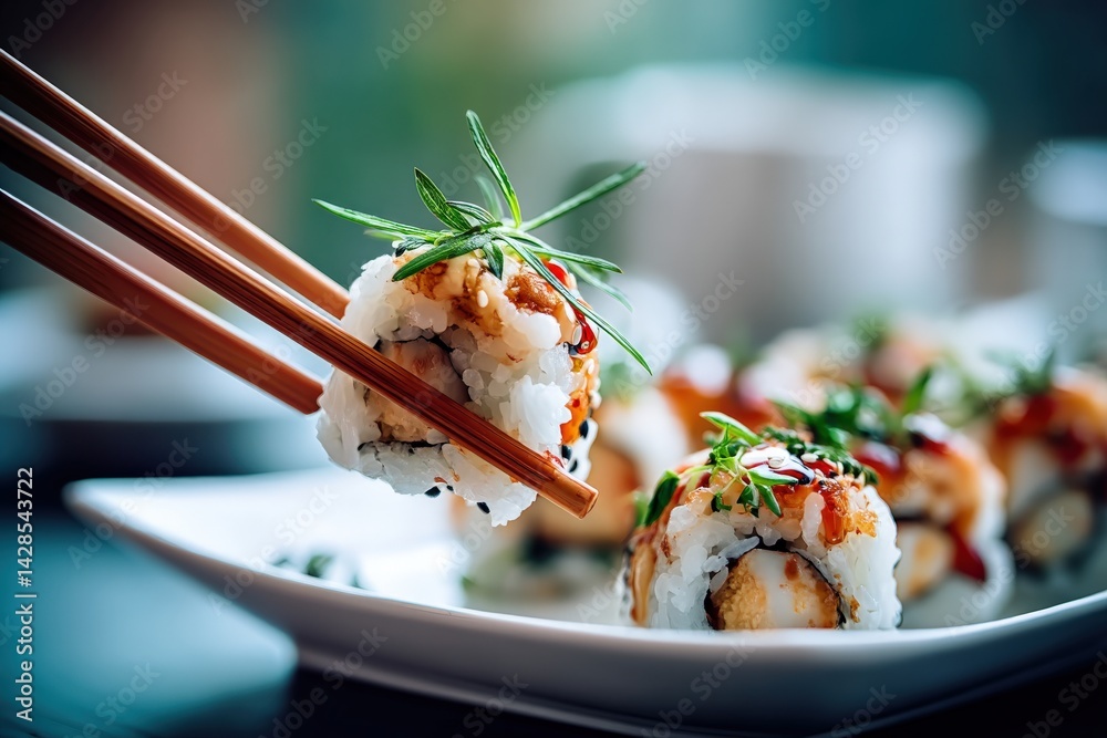 Fresh and Delicious Sushi Roll Held with Chopsticks on a Plate