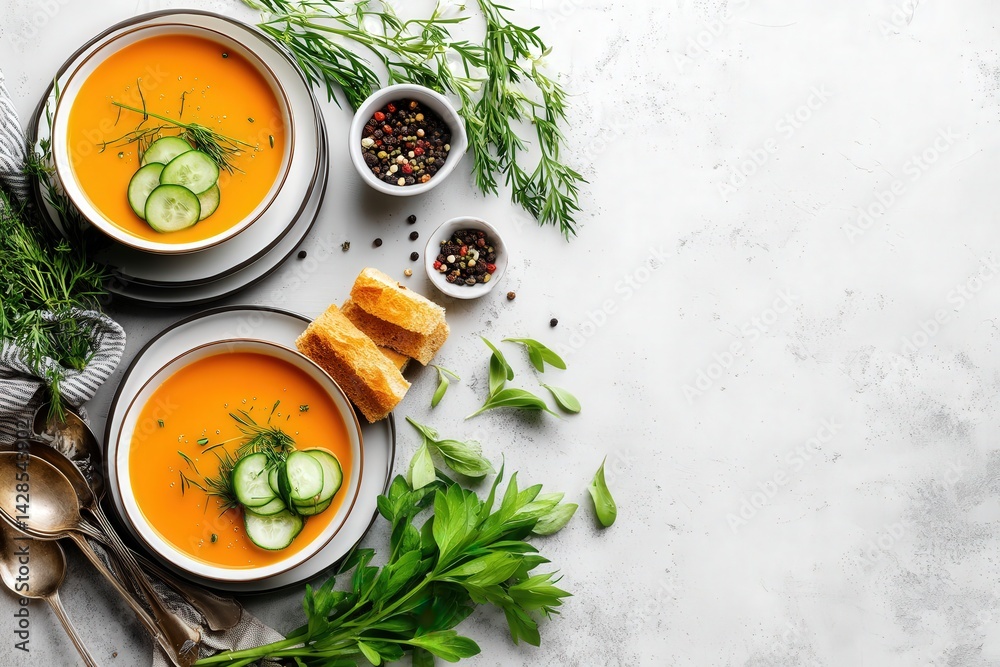 Fresh and Healthy Vegetable Soup with Herbs and Crunchy Bread Slices
