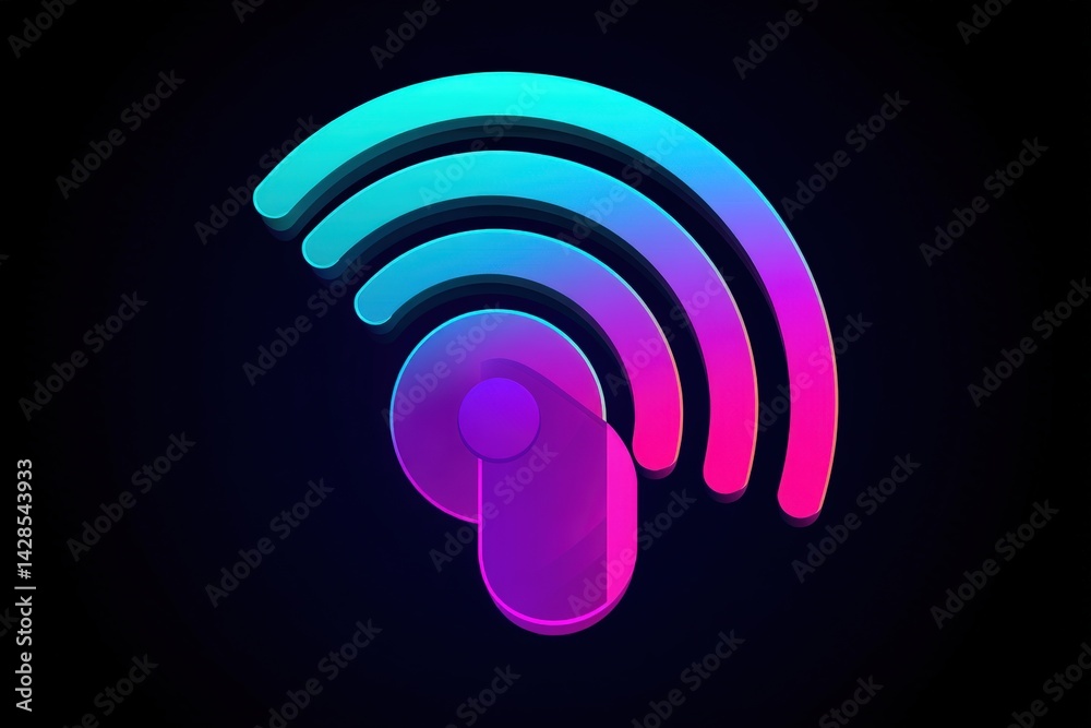 A vibrant, modern illustration of a wireless symbol, featuring a gradient of blue and pink colors against a dark background.