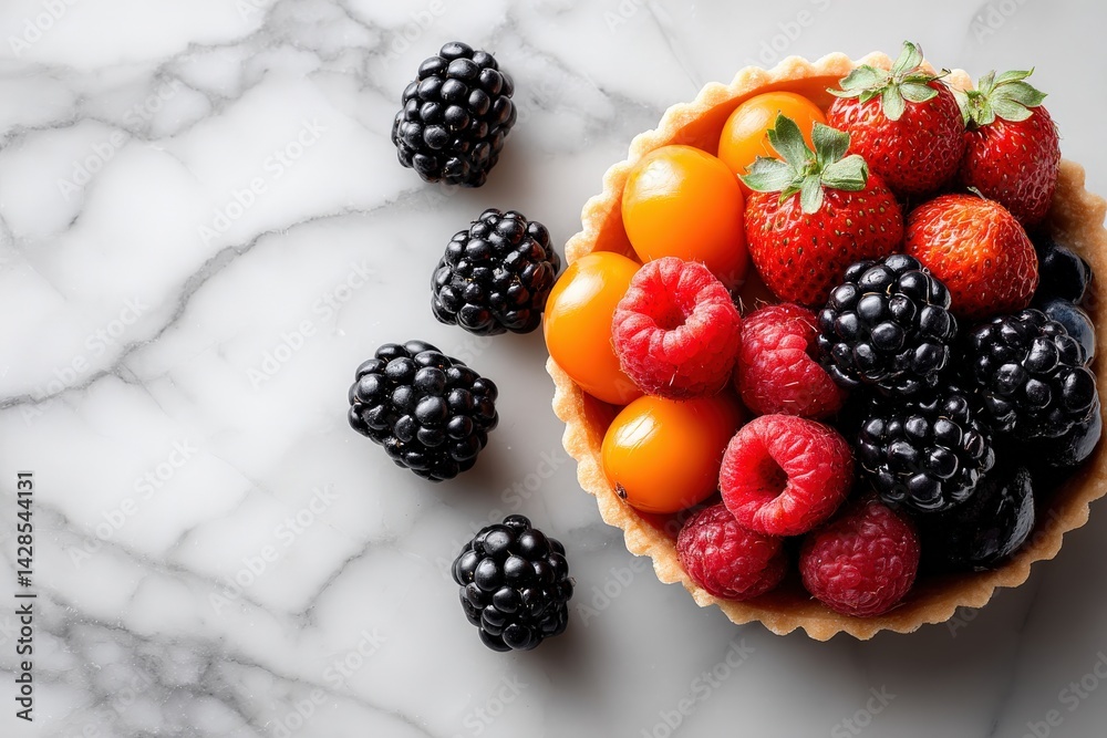 Fresh Berries and Fruits in Tart on Marble Table Background