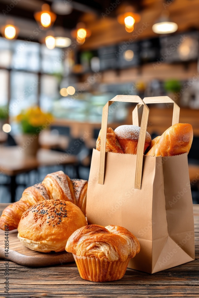 Fresh Bakery Goods in Paper Bag on Wooden Table with Cozy Atmosphere