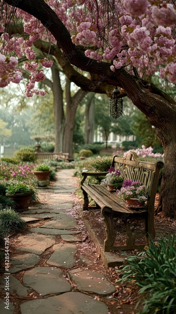 Obraz premium Peaceful garden path with cherry blossoms
