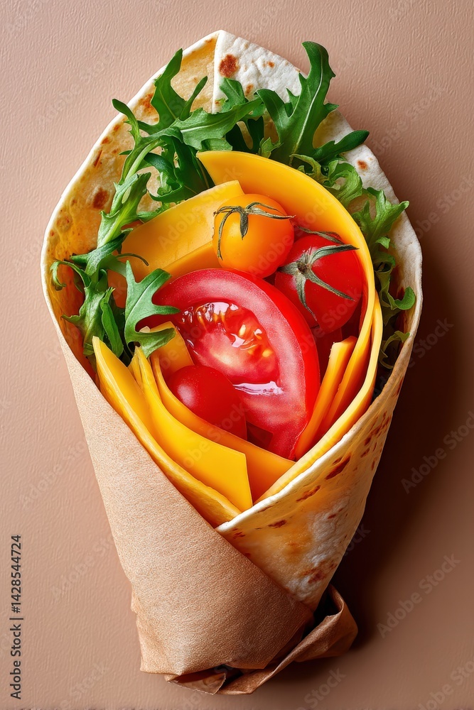 Fresh colorful wrap with vegetables and cheese on a beige background