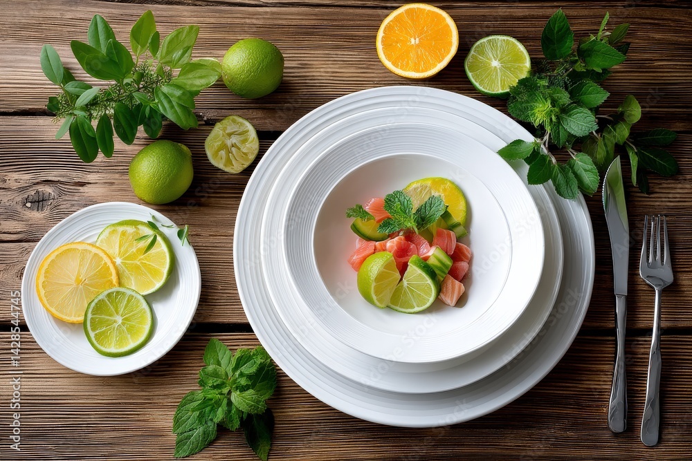 Fresh Citrus Salad in White Plates with Stylish Wooden Background