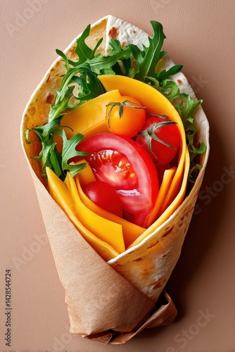 Fresh colorful wrap with vegetables and cheese on a beige background