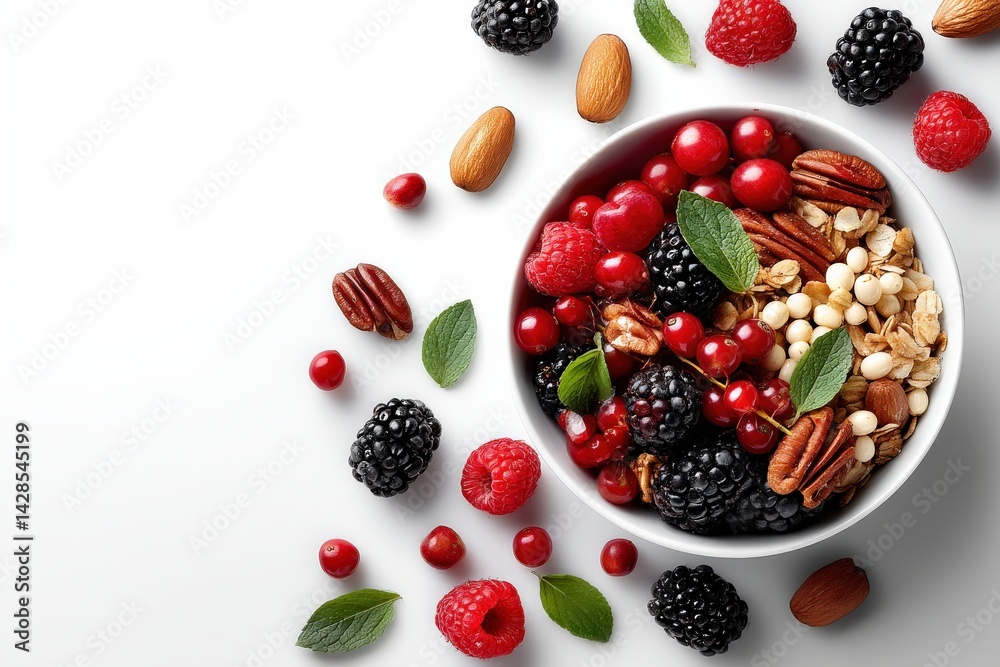 Fresh Fruit and Nut Bowl with Berries and Granola on White Surface