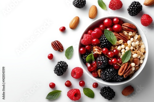 Obraz na płótnie Fresh Fruit and Nut Bowl with Berries and Granola on White Surface w salonie