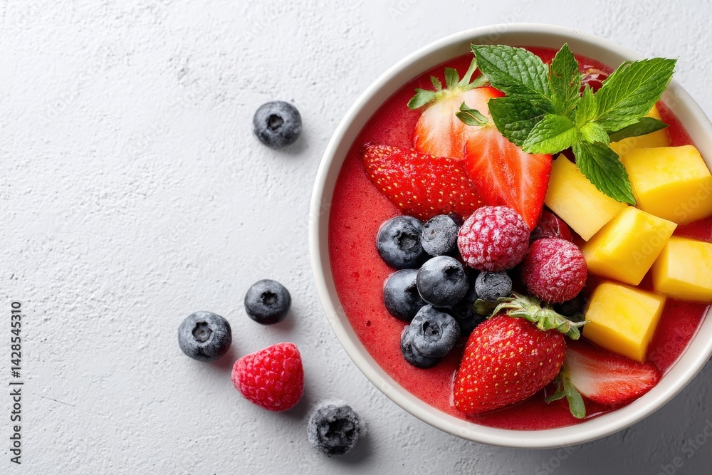 Fresh Fruit Bowl with Berries and Mint on Light Background