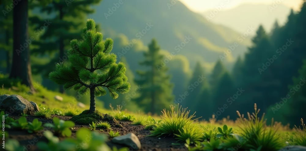 Fototapeta premium A small tree blends seamlessly into the surrounding forest, landscape, pine tree, leaves