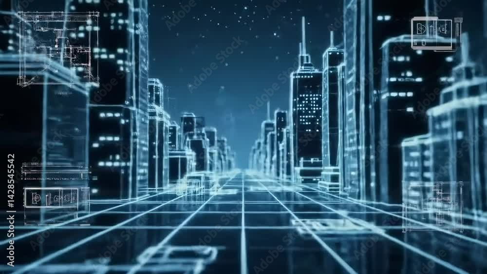 Futuristic Cityscape Visualization with Neon Light Trails and Digital Architecture in a Urban Landscape Futuristic Cityscape Visualization with Neon Light Trails and Digital Architecture in a Urban Landscape