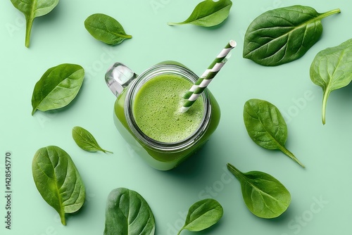 Obraz na płótnie Fresh Green Smoothie in Jar Surrounded by Spinach Leaves w salonie