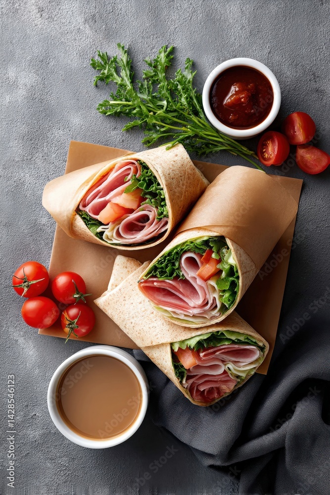 Fresh Ham Wraps with Vegetables and Tomatoes on Gray Background