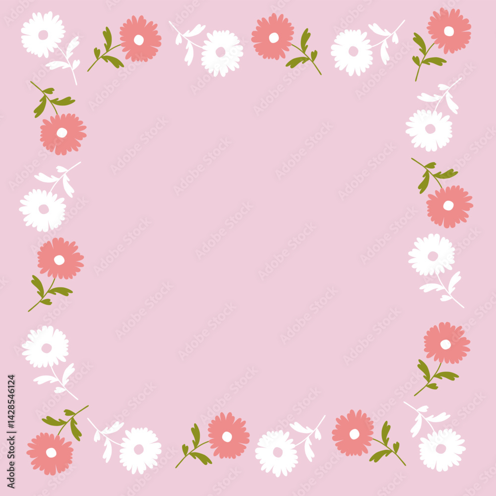 Minimal Floral Border Frame with Pink and White Flowers on Pink Background Minimal Floral Border Frame with Pink and White Flowers on Pink Background