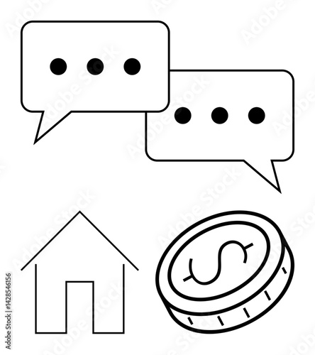 Two speech bubbles, a simple house outline, and a coin with a dollar sign for communication, real estate, money, finance, savings, investment, and a simple landing page
