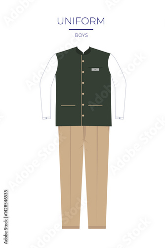 Illustration of Boys' School Uniform with Khaki Pants and Dark Green Waistcoat over White Shirt