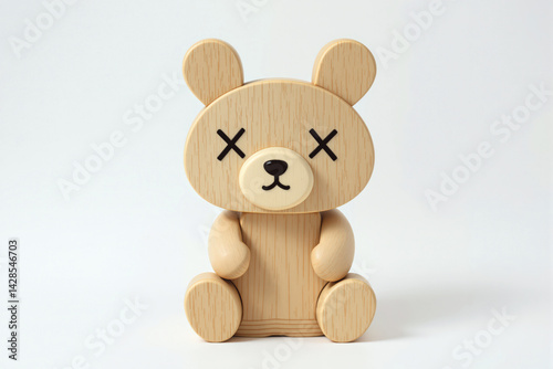 Jouet, Lapin en bois stylisé avec un œil en forme de “X”, au design minimaliste et moderne.Jouet, 