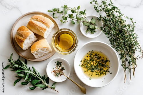 Fresh Herbs, Olive Oil, and Bread for Culinary Delight Preparation